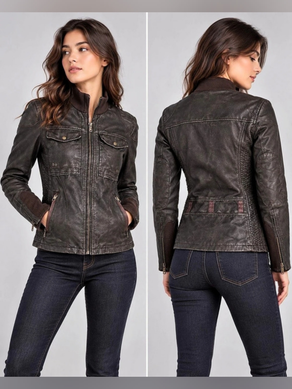 ZARA MAN Basic Men’s M Brown Faux Leather Moto Jacket Ribbed Collar Zip Pockets
